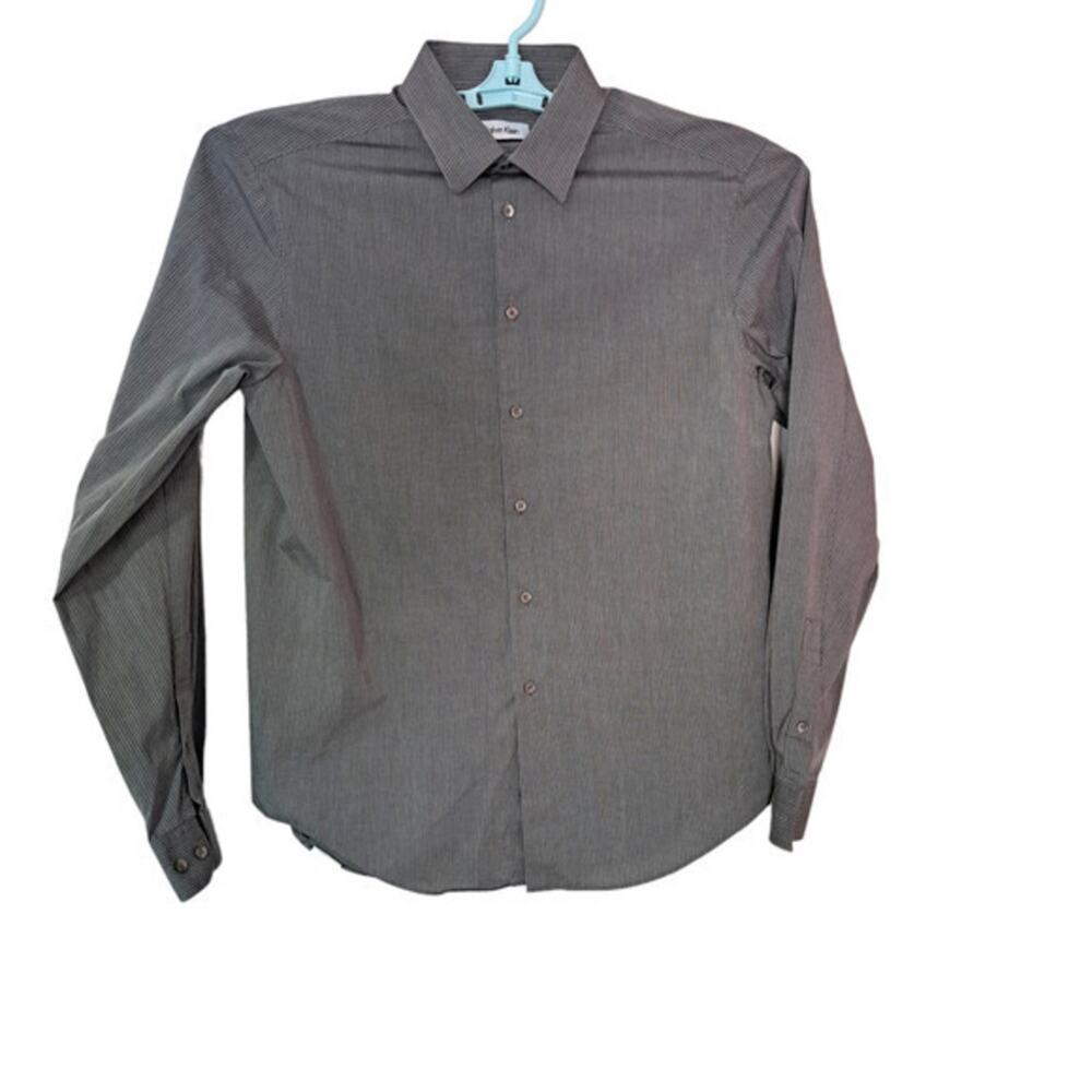 Calvin Klein Mens Long Sleeve Slim Fit Dress Shirt‎ Gray Striped Size Medium